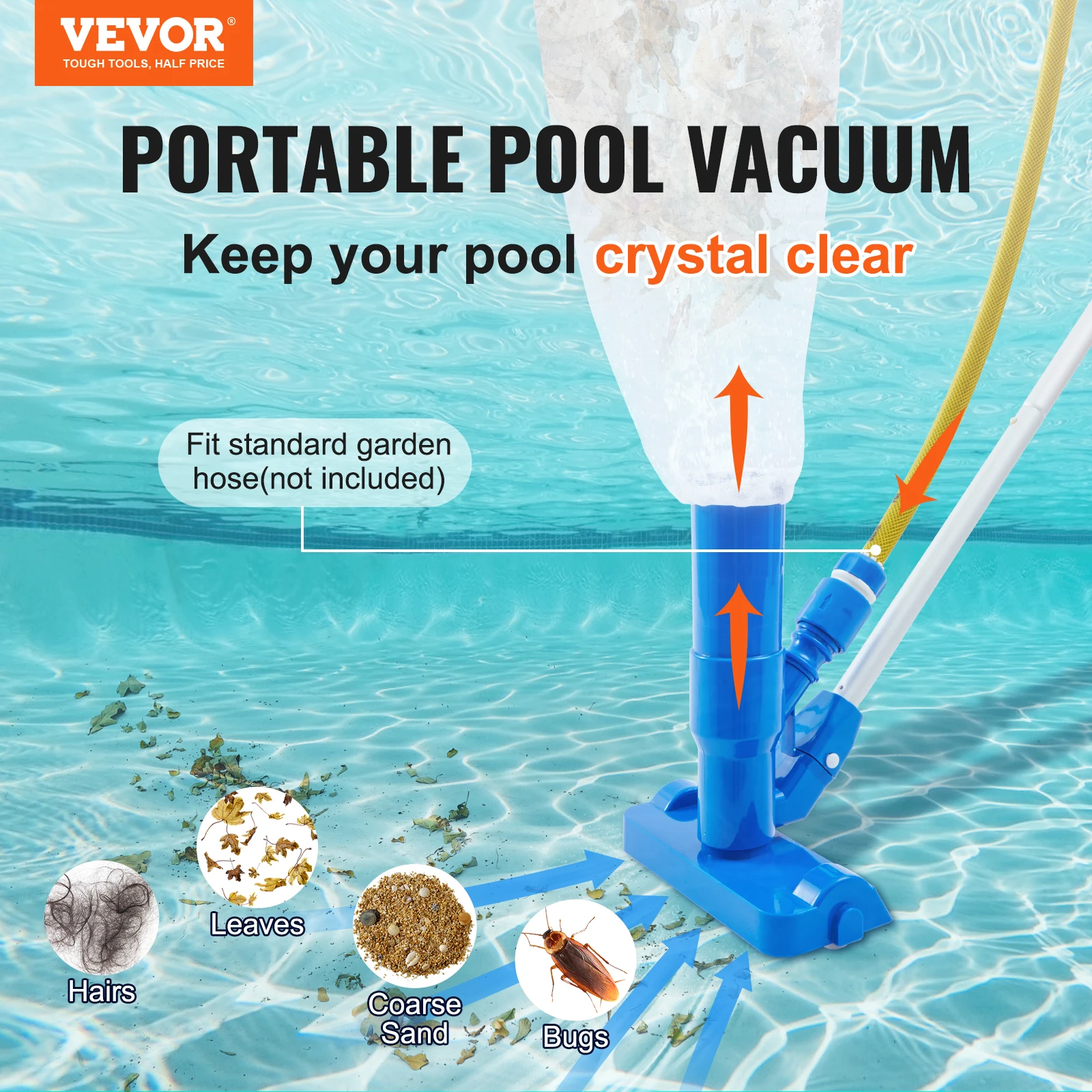 VEVOR 6-Piece Pool Vacuum Cleaner with 1425 mm Assembled Telescopic Rod ABS Pool Floor Cleaner Vacuum Brush Cleaner for Pool