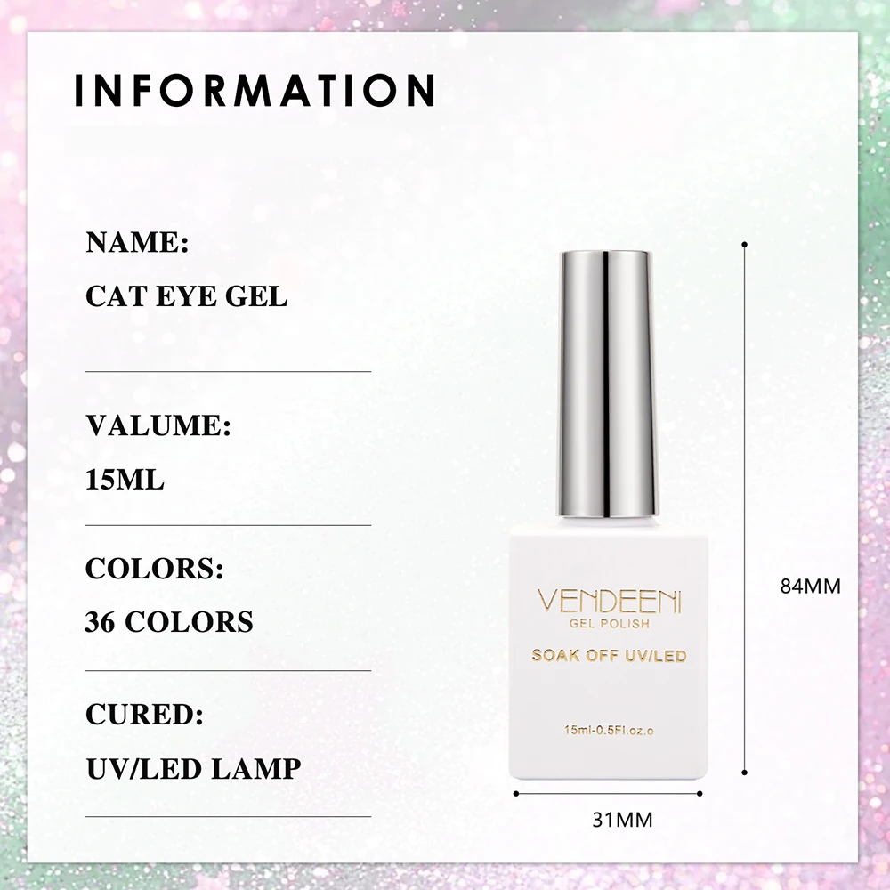 Vendeeni 36 colori/set Glitter Cat Eye Gel Smalto per unghie UV LED Shell Crystal Manicure Smalto per unghie con carta colorata TPO/HEMA gratuito