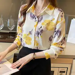 Women Spring Korean Loose Fashion Printing Chiffon Polo-Neck Long Sleeve Shirts Women Clothes Casual Office Lady All-match Tops