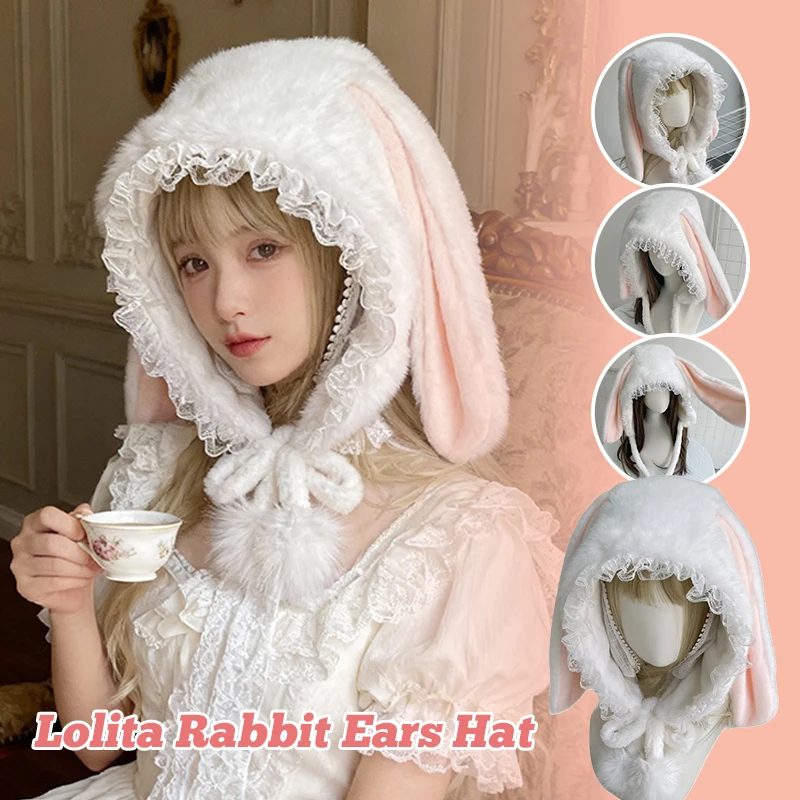 和風のかわいいウサギ耳帽子、厚くて暖かいぬいぐるみ帽子、プリンセススタイルの秋と冬の耳保護帽子