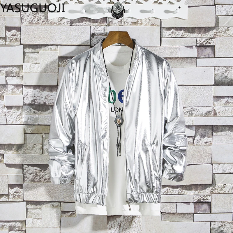 YASUGUOJI-Chaqueta brillante para hombre, ropa de calle y plateado brillante de Color dorado, abrigos y chaquetas de Hip Hop para primavera