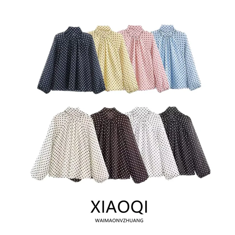 Winter New Arrival Women's Long Sleeve Stand Collar  Knot Polka Dot Shirt Loose Fit European Style Regular Length