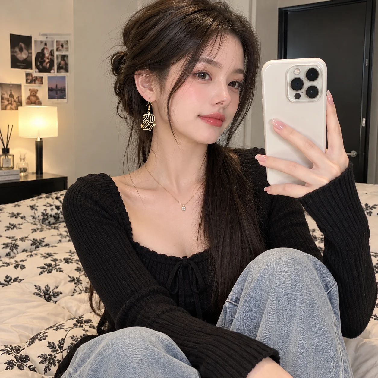 Elegant 2027 Digital Earrings Long Drop Metal Iron Happy New Year Earrings Star Design Hollowed-out Fashion Stud Earrings