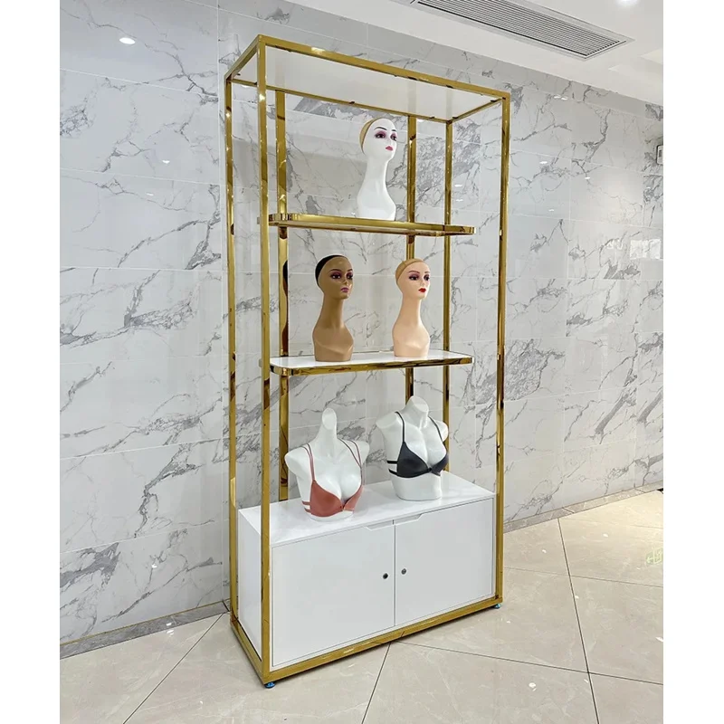 custom.Modern Wig Salon Shop Interior Decoration Human Hair Display Stand Cabinet Luxury Stainless Steel Gold Wig