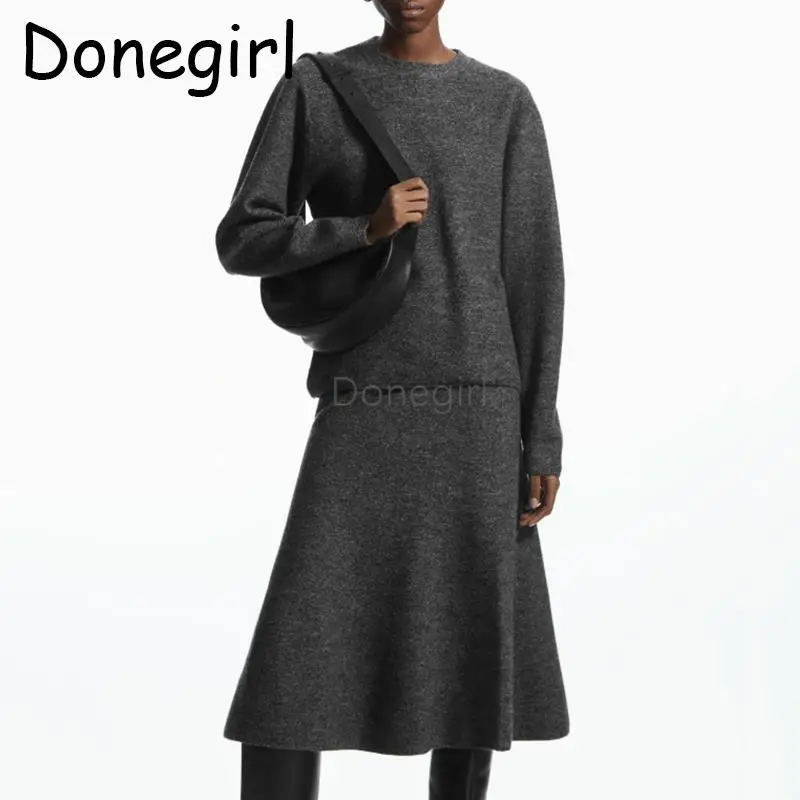 Donegirl Women Autumn Winter 2024 New Knitted Sweater Solid Simple Skirt Suit Commute Temperament Set Pullovers Female Chic