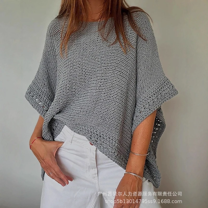 

Pullovers Women Sweaters Knitted Round Neck Bat Sleeve Jumpers Y2k Streetwear Elegant Splice Knit Hollow Out 2025 Autumn