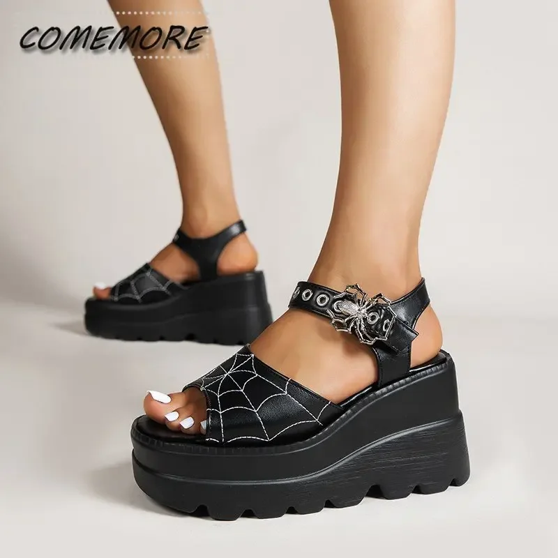 Summer New Large Size Women\'s Thick Sole Sandals Gothic Punk Design Ladies Shoes Roman Sandals Wedge Heels Fashion 2024 Black PU