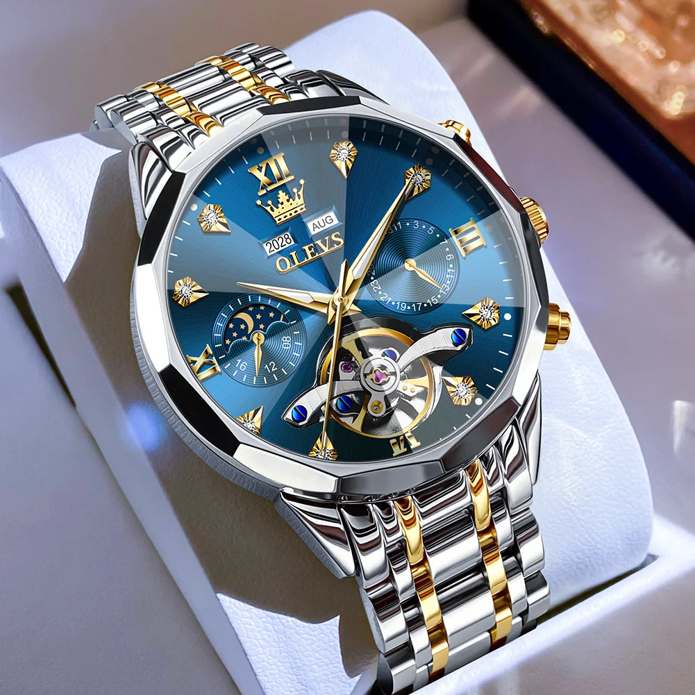 OLEVS الأصلي أزياء الرجال التلقائية الميكانيكية ووتش القمر المرحلة تاريخ الفولاذ المقاوم للصدأ للماء العلامة التجارية الأعلى توربيون الساعات #1