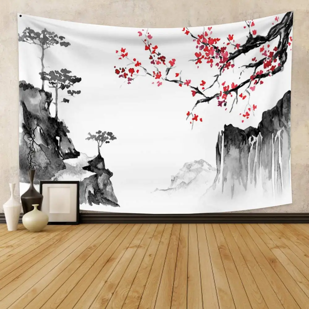 Asian Chinese Tapestry Cherry Blossom Tapestry Japanese Tapestry Nature Landscape Tapestries for Bedroom Living Room Home Decor