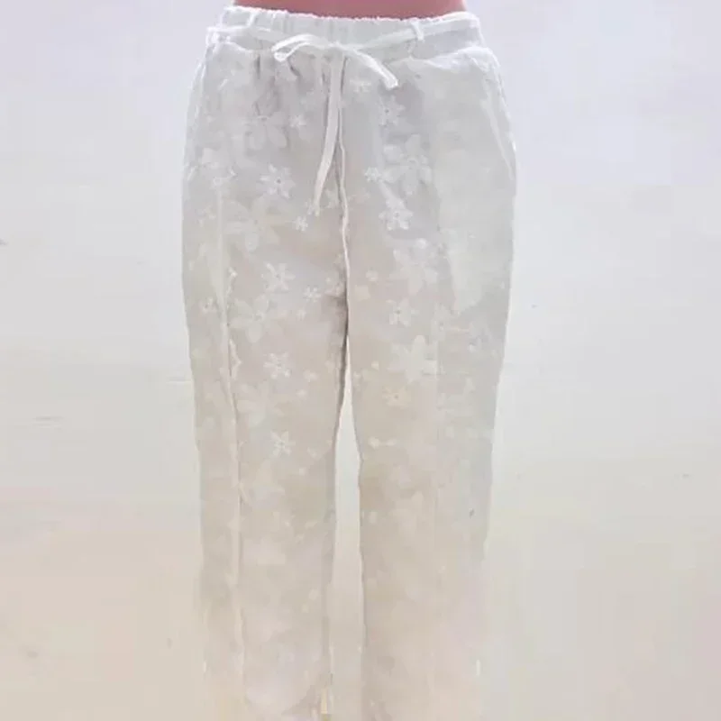 Fashion Casual Cotton Embroidered Ankle-length Pants Women Lace-Up Elegant Sweet Elastic Waist Pants Streetwear Trousers 26162