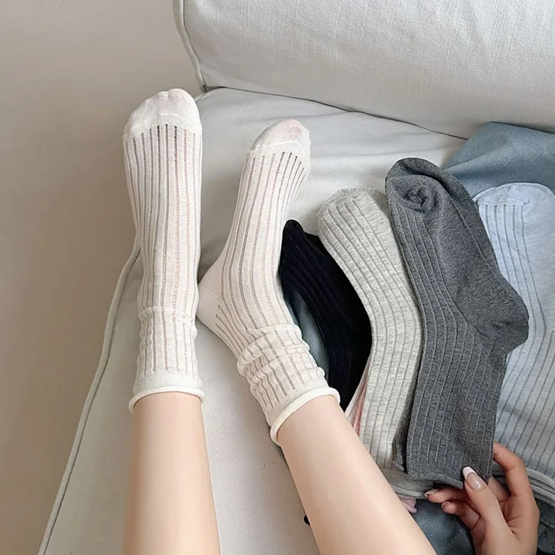Calcetines largos con volantes para mujer, medias deportivas transpirables de Color sólido, suaves y sueltas, talla libre, rosa, blanco y gris, lote