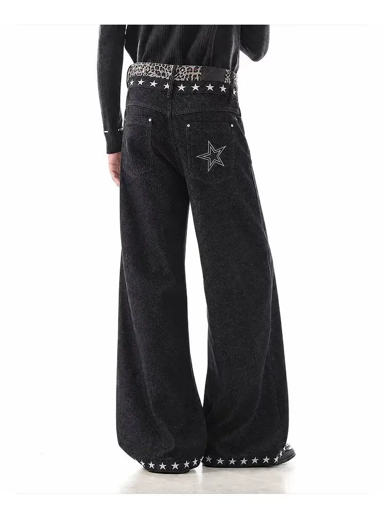 Fake Two-Piece Leopard Print Straight-Leg Jeans American Street Curved Loose Wide-Leg Pants Man's Clothing Denim Pants Streetwea
