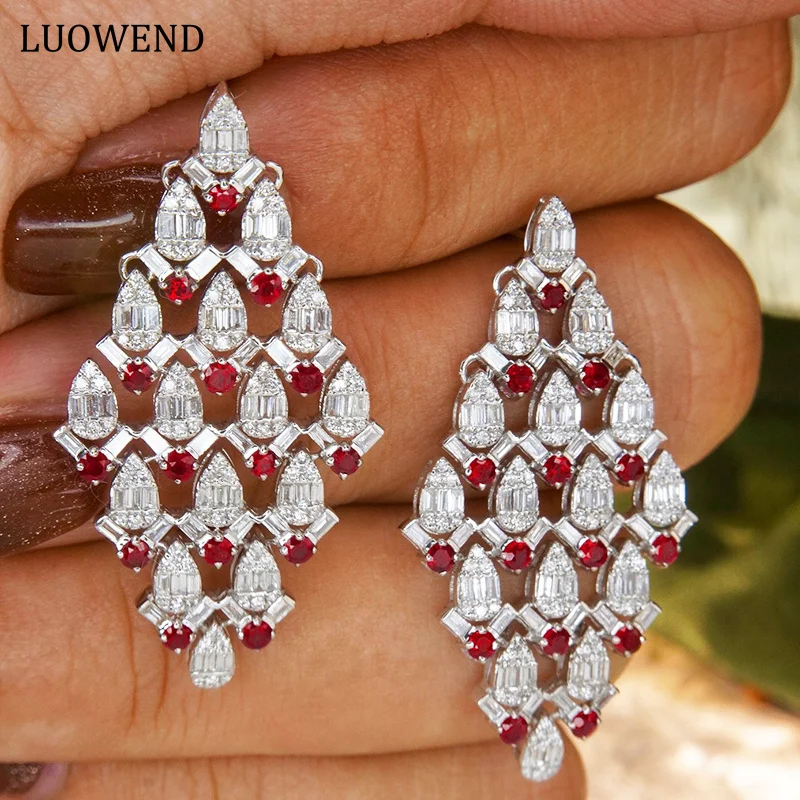 

LUOWEND 18K White Gold Earrings Luxury Design Real Natural Ruby Shiny Diamond Gemstone Drop Earrings for Women Senior Banquet