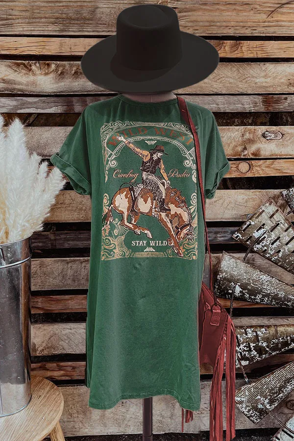 Cowgirl Fashion Round Neck Women T-shirt 2025 New Short Sleeve Streetwear Retro Summer Dress Distressed Print Cotton Dresses