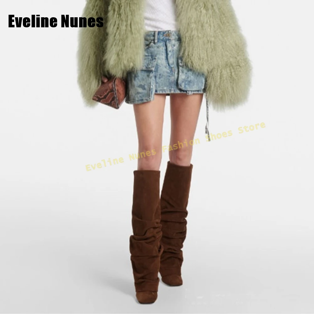 Faux Suède Geplooide Broeklaarzen Vierkante Neus Stiletto Trek Op Pittig Meisje Street Style Over De Knie Laarzen 2025, Mode Schoenen Nieuw