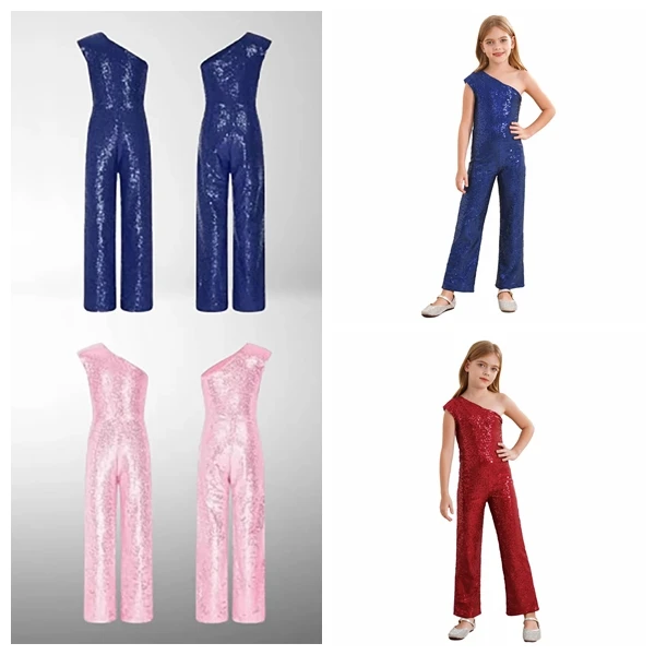 

Fashion Girls Sequins Jumpsuits One Shoulder Sleeveless Kids Bodysuit for Birthday Party Gymnastics Jumpsuit Performance Costume