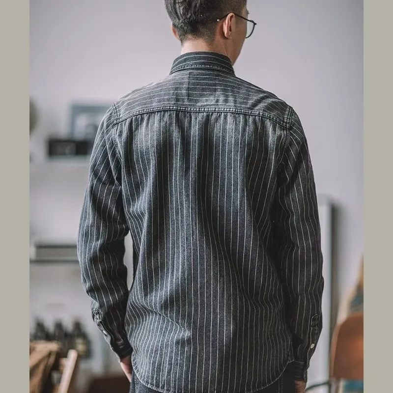 Men's Shirts Long Sleeves Recommend New Sand Washing for Old Retro Trendy Men Thicken Yarn-dyed Striped Shirts for Men