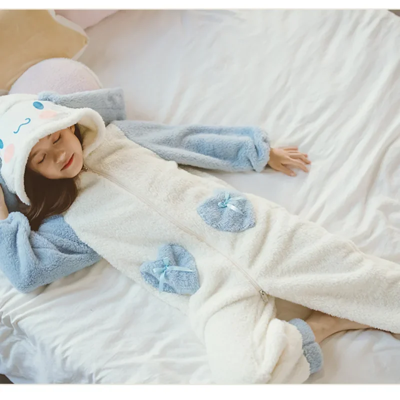 Sanrio Cinnamoroll Autumn Winter One-piece Pajamas Flannel One-piece Girls Thickened Baby Plus Velvet Pajamas Children\'s Gifts