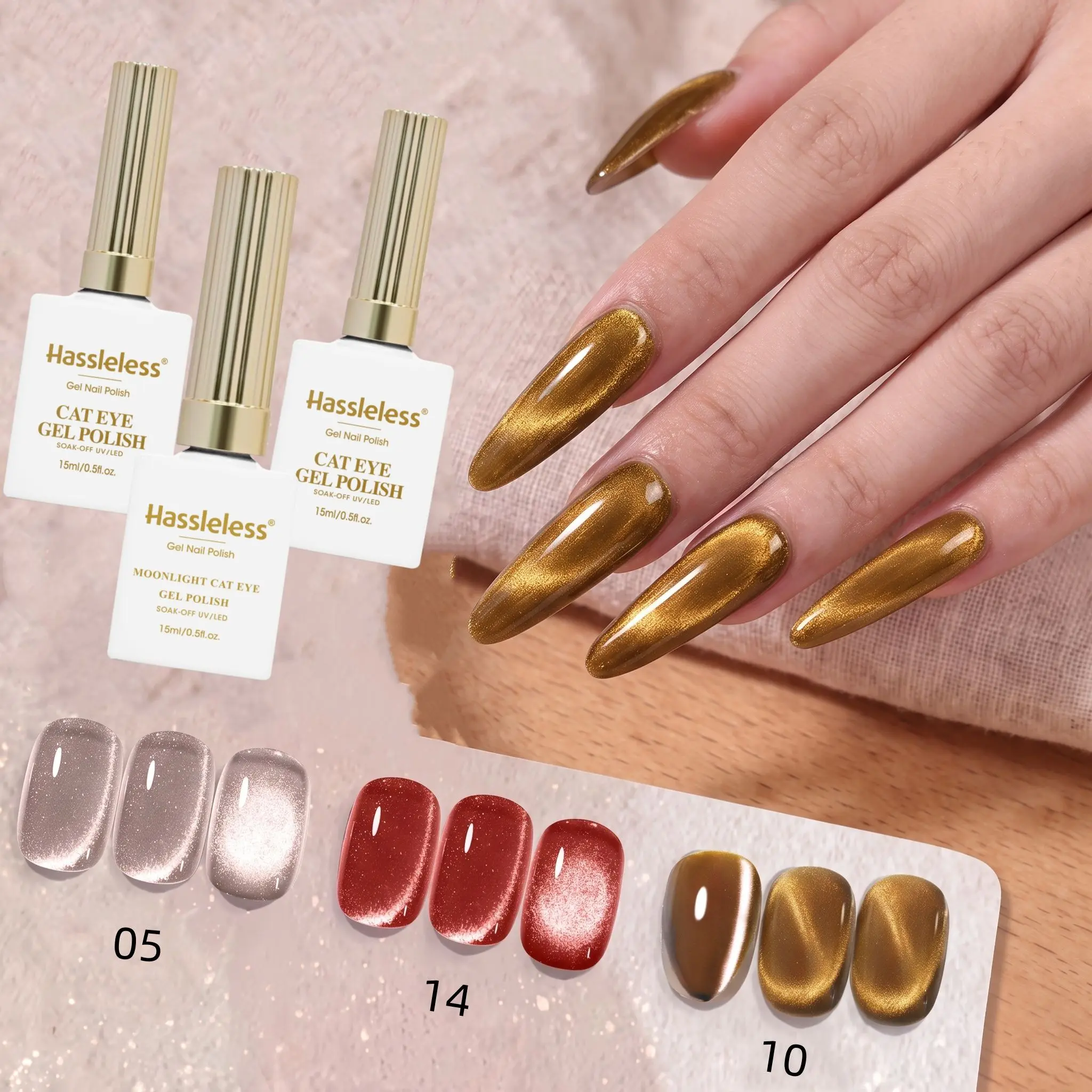 Hassleless 3-Piece Retro Gold and Red Cat Eye Nail Polish Set, Featuring Nude Silver Cat Eye, Wine Red Cat Eye, and Gold Cat Eye, with Rich Magnetic Powder That Creates a Bright Light Effect, Perfect for DIY at Home, t