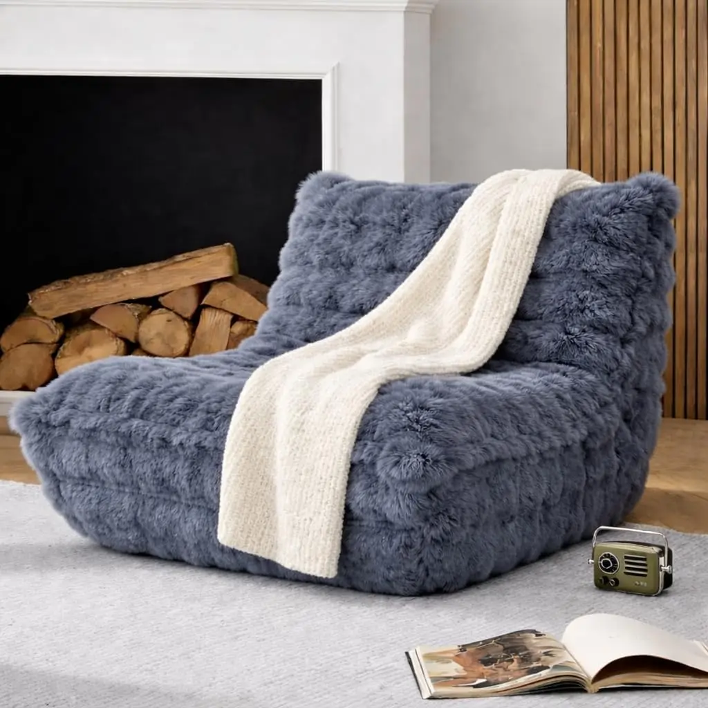 Cozy Faux Fur Bean Bag Chair with Memory Foam, Dark Grey for Living Room, Bedroom & Office