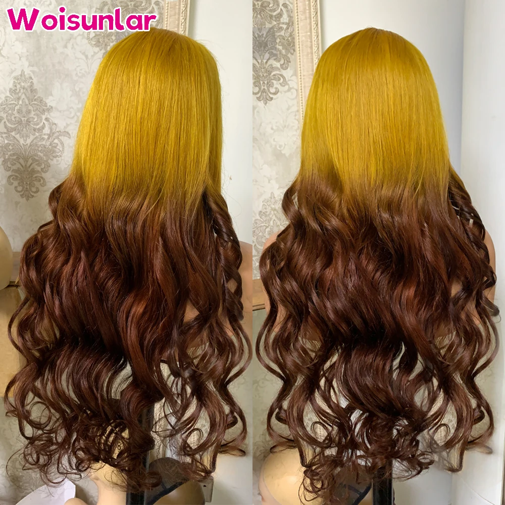 

36 inches ombre yellow and brown Front Lace wigs human hair 13x4 Transparent Lace Body wave Black Women Natural Human hair wig