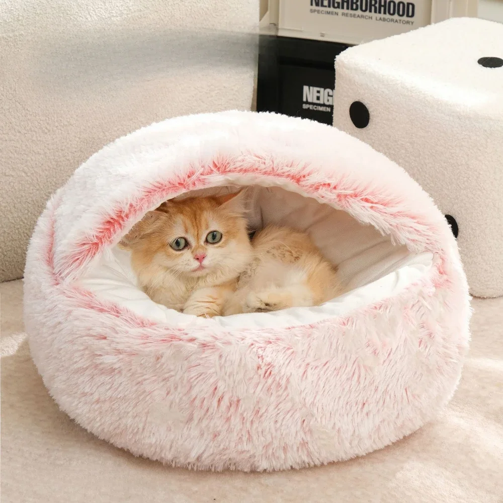 

Cat Beds Simple Comfort Warm Puppy Sleeping Nest 2 in 1 Warms Long Soft Plush Round Cats Cushion Semi Enclosed Pet Sleep Bags