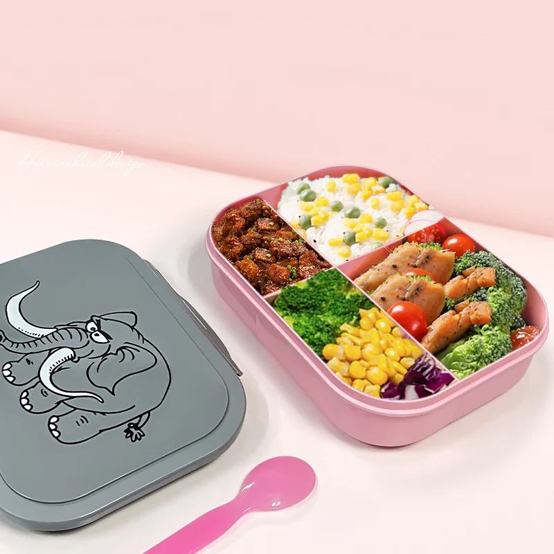 Cartoon Bento Box with Kettle Set Microwaveable Portable Lunch Box Elephant Pattern Kids Snack Box Food Storage Box