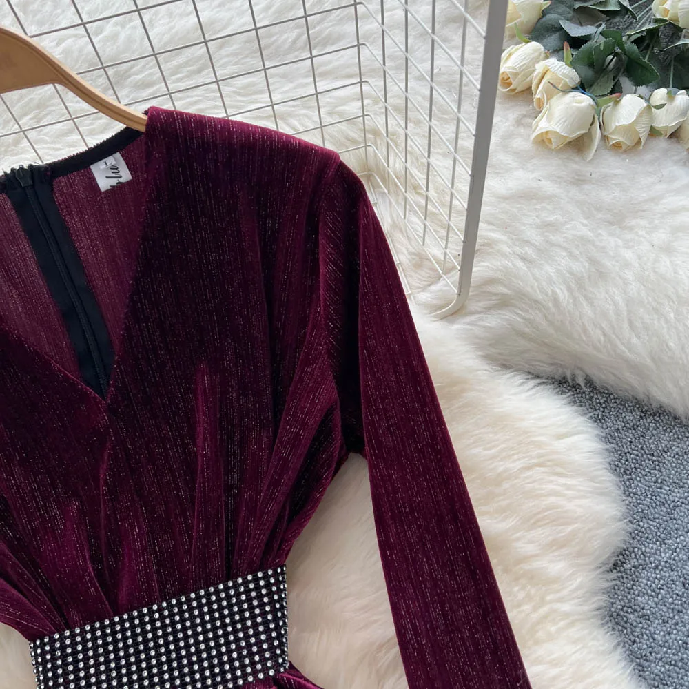 Sexy long sleeve V-neck slim glitter dress vintage Elegant Women Party korean fashion fairycore dresses