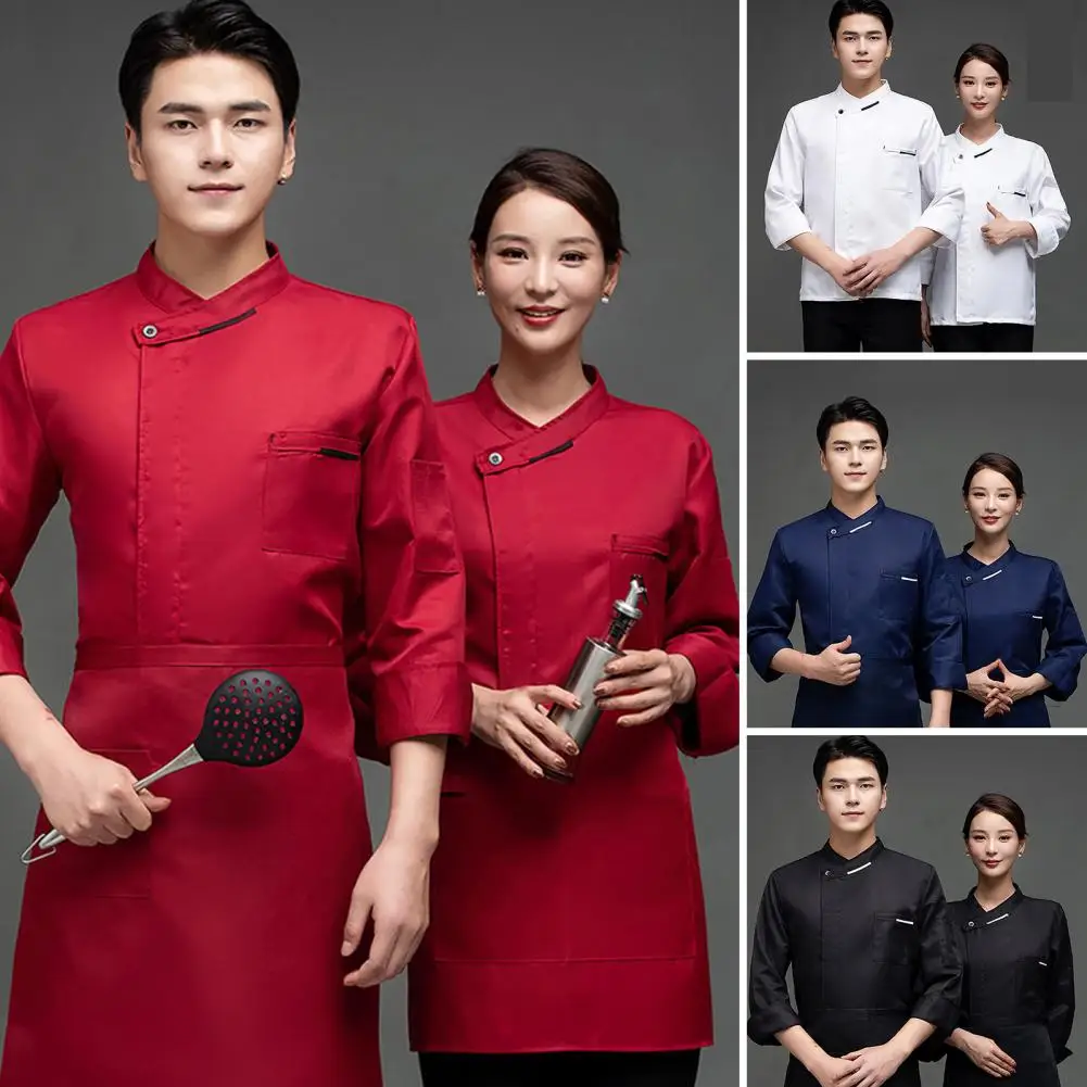 

Long Sleeve Chef Jackets Kitchen Chef Restaurant Uniform Stand Collar Shirt Service Bakery Breathable Chef Dress White Apron Men