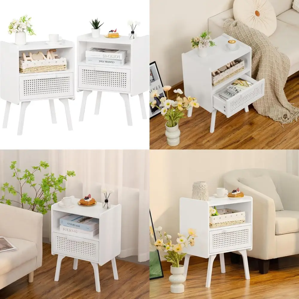 Mid-Century Modern Rattan Nightstands Set, 2-Piece Side Tables with Drawers and Open Shelves, Accent Bedside End Tables featurin