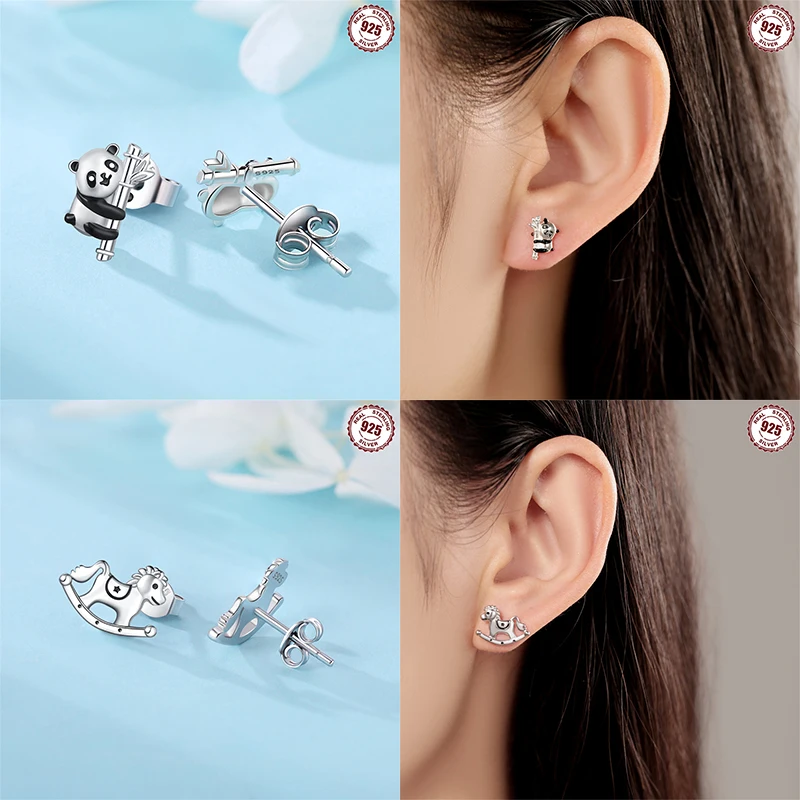 925 Sterling Silver Panda Hug Bamboo Rabbit Moon Stud Earrings for Women Fashion Earrings Jewelry Gifts for Women Girls