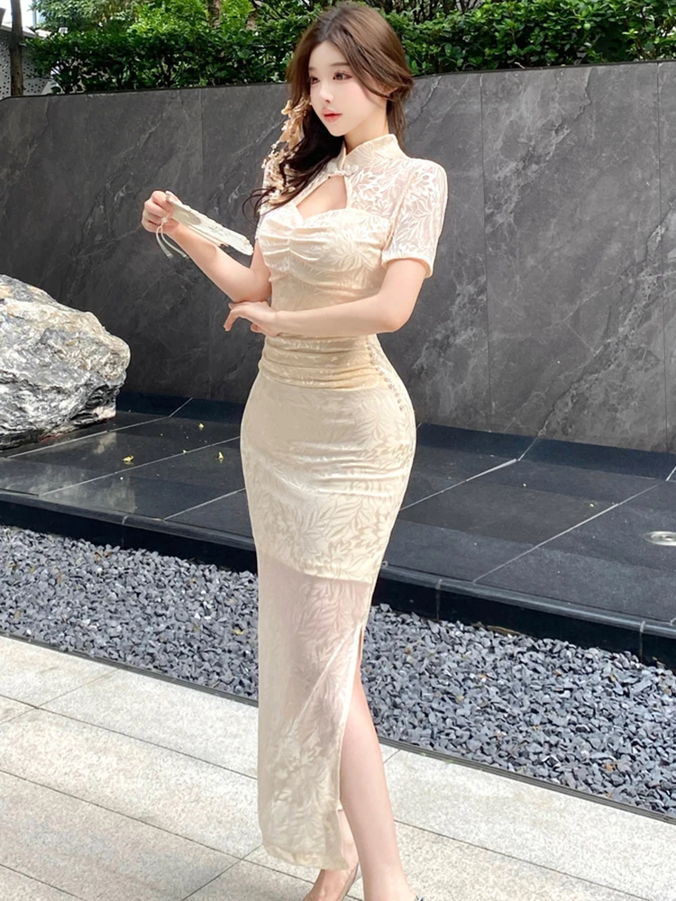 Frauen Solide Jacquard Aushöhlen Stehkragen Langes Kleid 2025, Koreanische Luxus Party Abendkleid Sommer Elegante Bodycon Prom Kleid