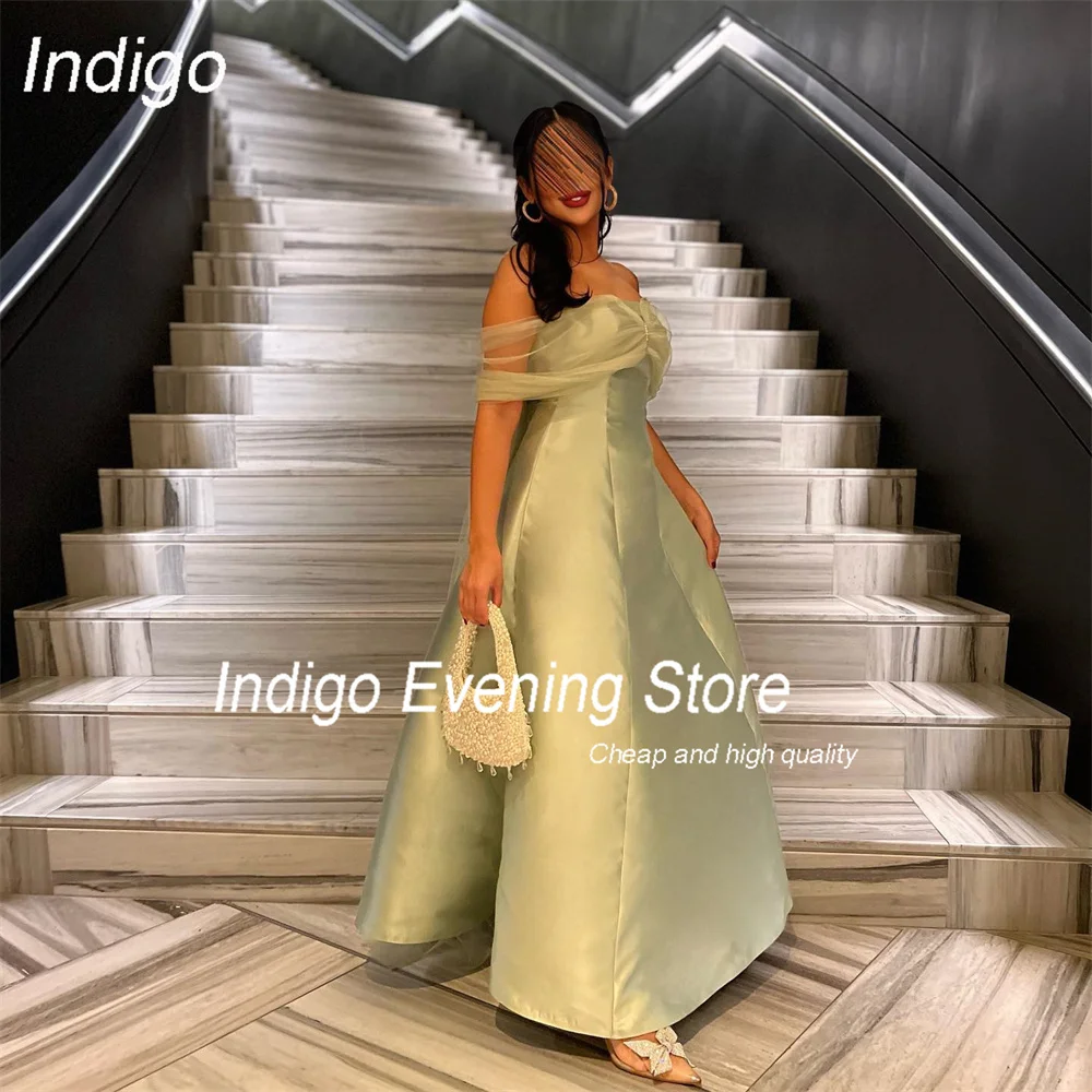 Indigo คลาสสิก A-Line ปิดชุดราตรีไหล่ 2025 Strapless Pleat ซาตินอย่างเป็นทางการ Party Prom ชุด FBساتة ที่กําหนดเอง