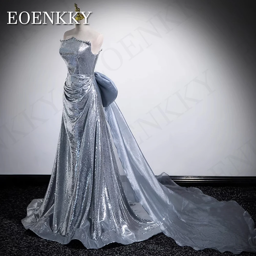 Silver Sequin A Line Prom Dress Strapless Beading Detachable Bow Special Occasion Dresses 2024 Backless فساتين للمناسبات الخاصة