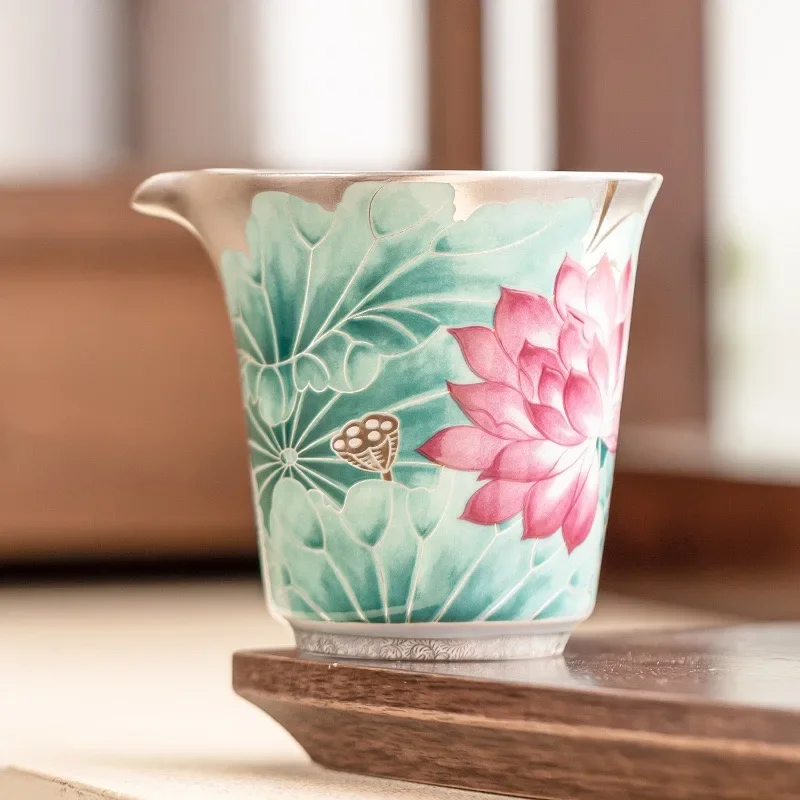 150ML Hand Painted 999 Silver Lotus Pond Moonlight Fair Cup Household High-end TeaSea Tea Divider Chinese Retro Ceramic Male Cup