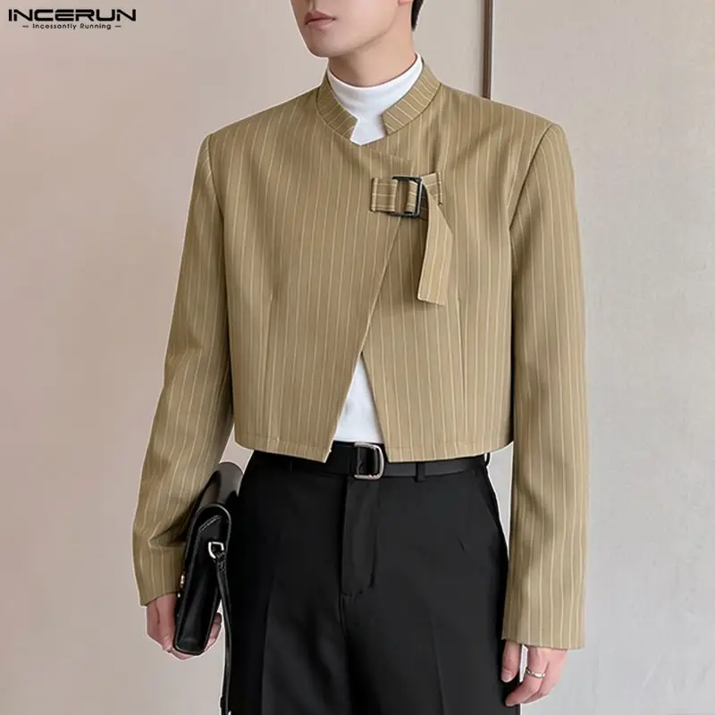 INCERUN Men's Striped Blazer Stand Collar Long Sleeve One Button Crop Blazer For Man Streetwear 2026 Fashion Casual Male Suit