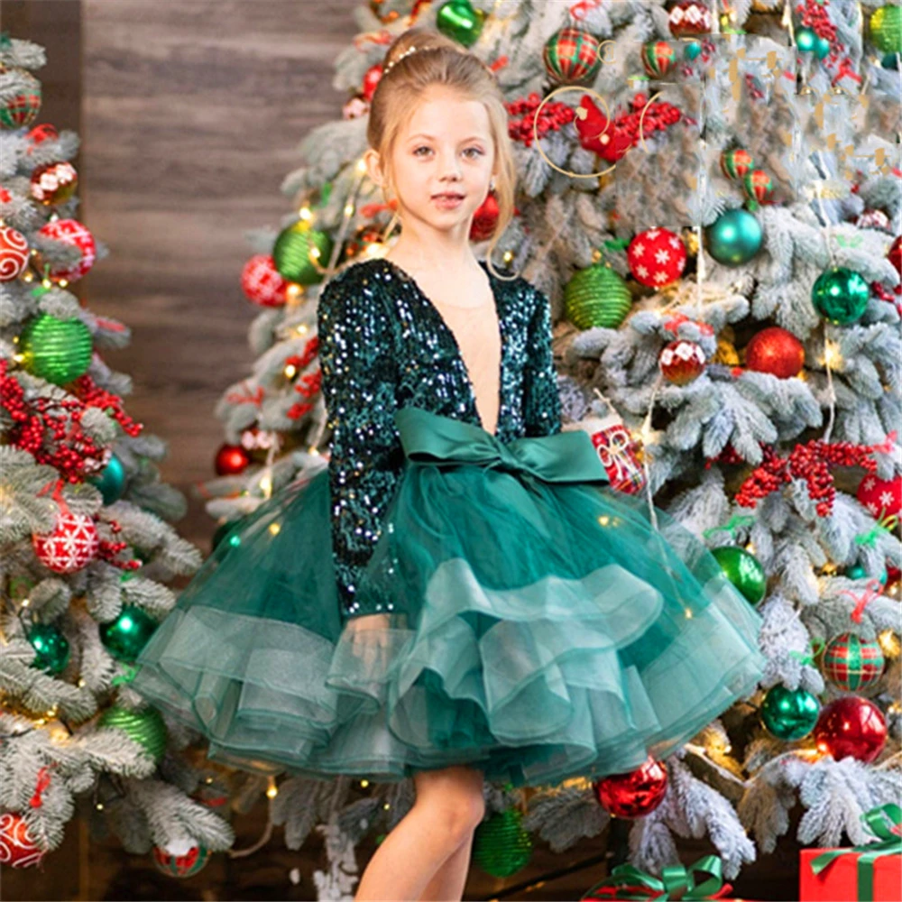 Princess Ball First Communion Dresses Kids Surprise Birthday Present Gorgeous Green Angel Tulle Lace Sequins Flower Girl Dress