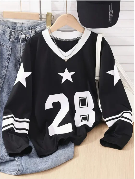 

2025 Новая женская футболка с длинными рукавами и круглым вырезом с бантом и звездным принтом, свободный и модный повседневный топ с короткими рукавами и круглым вырезом