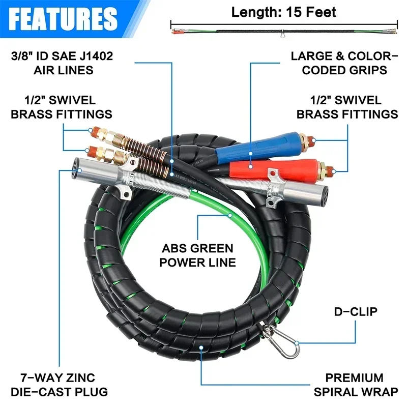 Hot sales 15 foot 3-in-1 rubber powered semi-truck trailer air line hose assembly wrapped in 7-way cable with right hand