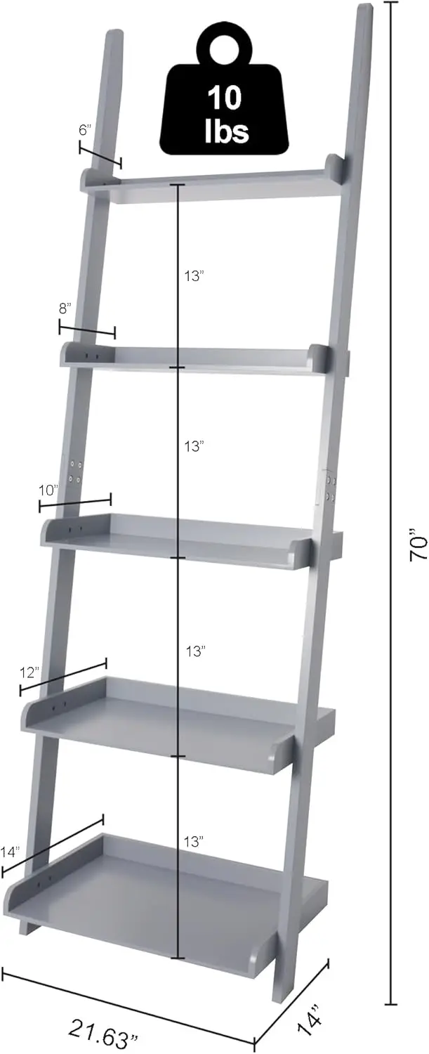 Modern 5 Tier Leaning Wall Ladder Bookshelf Organizer, Storage Rack, 70 Inches, Gray