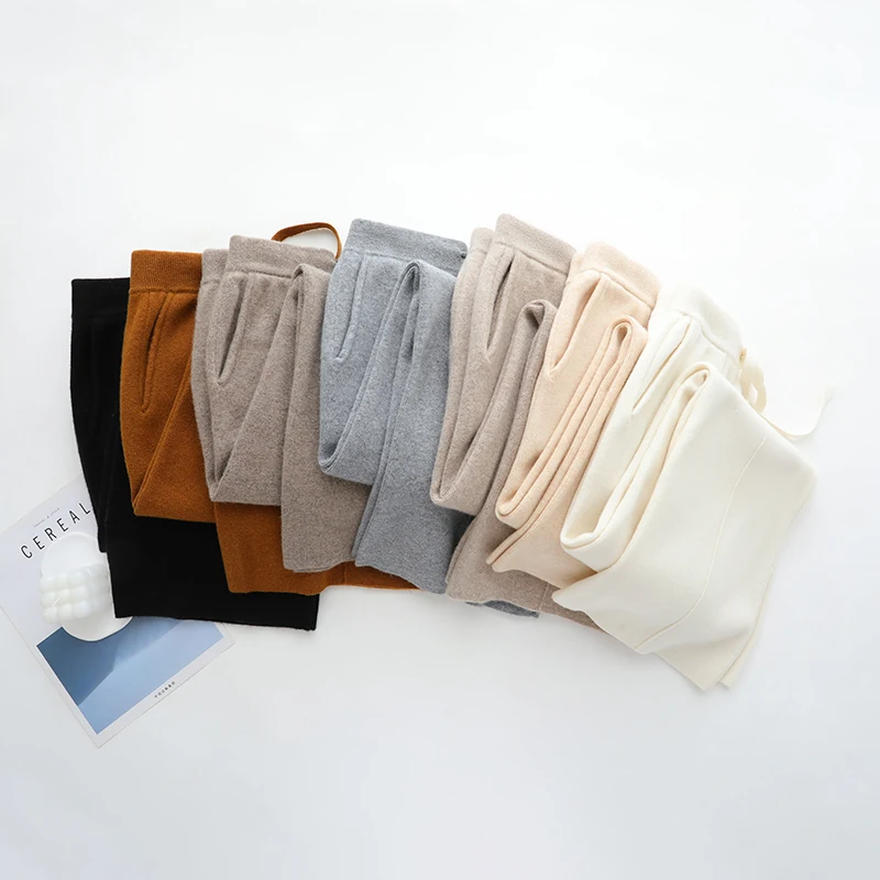 DjzDsm Women's 100% Merino Wool Wide Leg Knitted Pants Center Spring Autumn Comfortable Fit Casual Trousers Center Knitted Pants