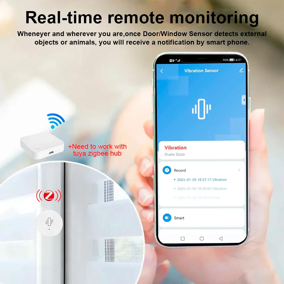 Tuya ZigBee Smart Vibration Sensor Real-time Monitoring Detection Alarm Home Security Protection System App Remote Notification