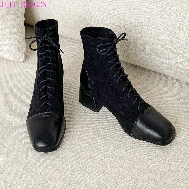 2024 Autumn Winter Women Ankle Boots Shoes Solid Black Beige Lace-up Square Toe Rubber Elegant Fashion Low Heels Women Boots 43