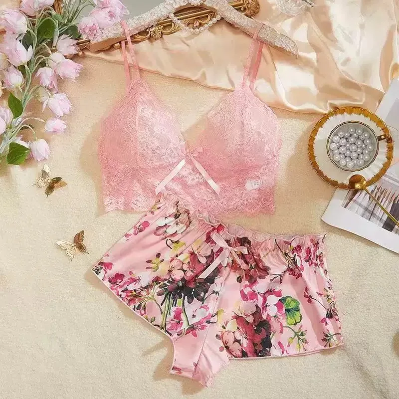 Women Floral Print 2 Piece Pajama Set Lace Spaghetti Strap Cami Top Bow Decor Satin Shorts Soft Silky Loungewear Ladies Sleepwea