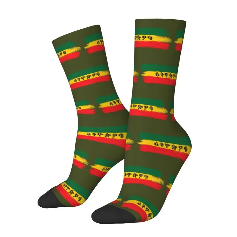 Ethiopia Flag With Ethiopian Amharic Dress Socks Mens Womens Warm Funny Novelty Rasta Jamaica Proud Crew Socks