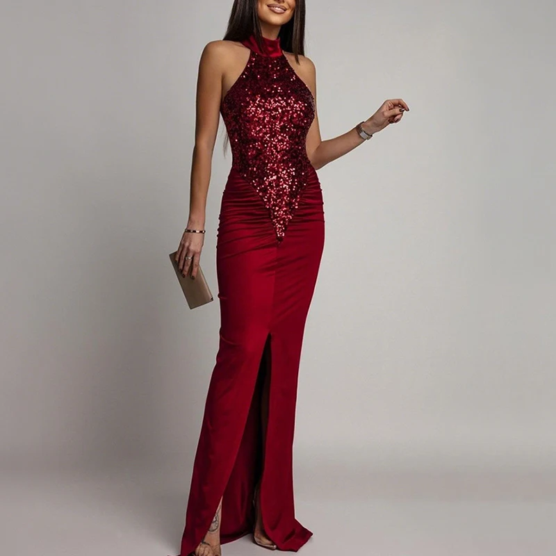

New Sequin Patchwork Sleeveless Evening Dress Women Elegant O-neck High Waist Cocktail Dress Birthday Party Casual Long Dresses