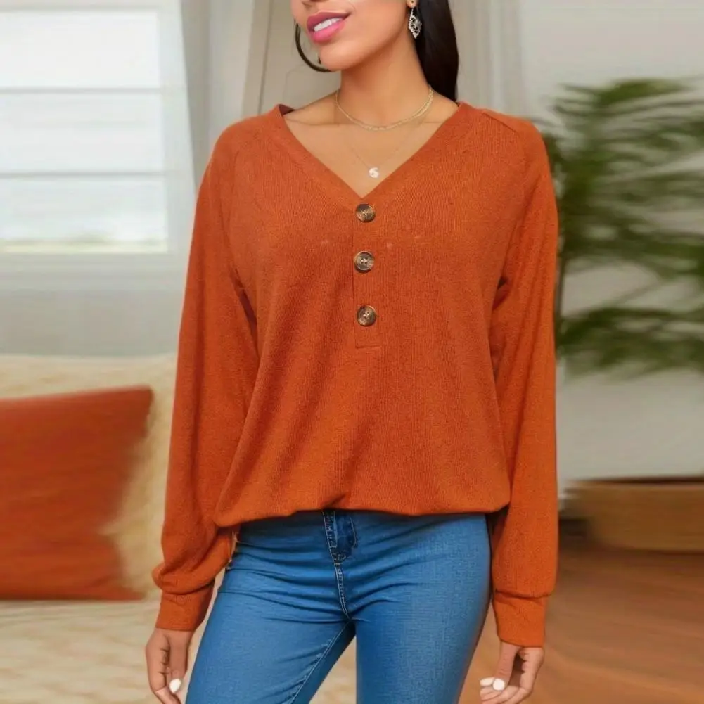 

Lady V Neck Blouse Elegant V Neck Knitted Top Stylish Loose Pullover for Women's Spring Fall Wardrobe for Office Casual Wear Mid