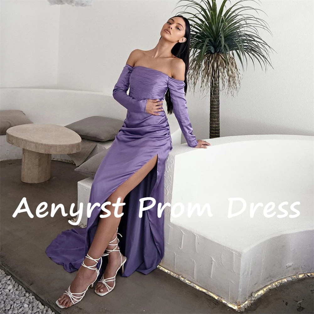 Aenyrst-Vestidos de Fiesta de manga larga con cuello de barco, vestido plisado con abertura de sirena, hombros descubiertos, púrpura, largo hasta el suelo