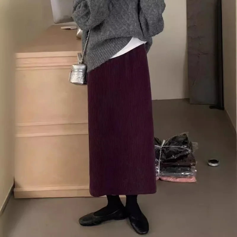 OCEANLOVE سروال قصير التنانير النساء الصلبة الخريف الشتاء ألف خط أنيقة تنورة طويلة الكورية موضة بسيطة عالية الخصر الرجعية Jupe فام #3