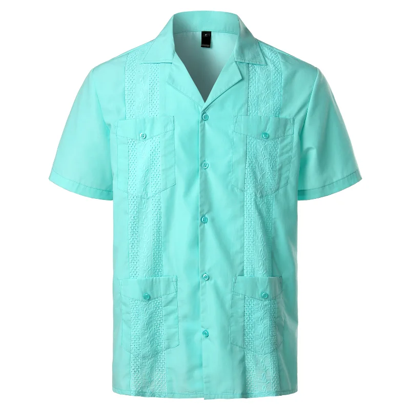 Embroidery Patchwork Shirts for Men Multi-Pocket Mens Casual Short Sleeve Shirt Camp Mexican Guayabera Cuban Ethnic Beach Shirts